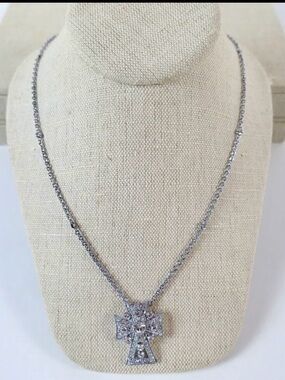 Joan Boyce Statement CZ Cross Pendant Silver Tone 21” Adjustable Necklace